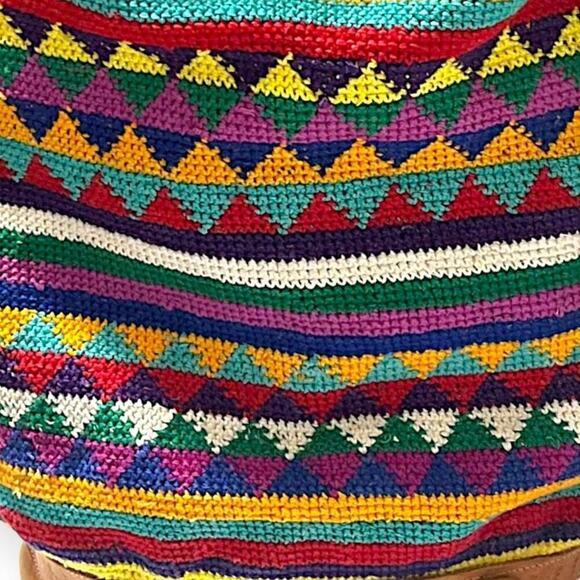 Vintage 90s Traditional Ethnic Leather Knit Drawstring Bucket Bag Multi Unisex - Picture 2 of 10